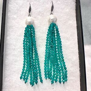 NWT Rarities Cultured Pearls Brazilian Emerald Pave Diamonds Tassel Earrings